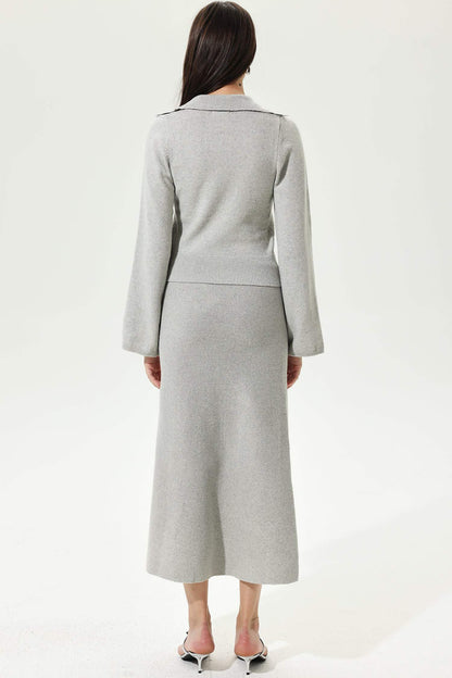 Flared Sleeve V-neck Sweater Half Dress Two-piece Set Grey