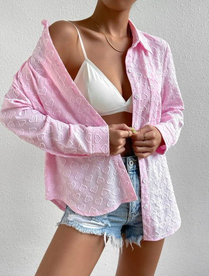 Early Autumn Wear Long Sleeve Collared Shirt Heart Shaped Jacquard Cardigan Top