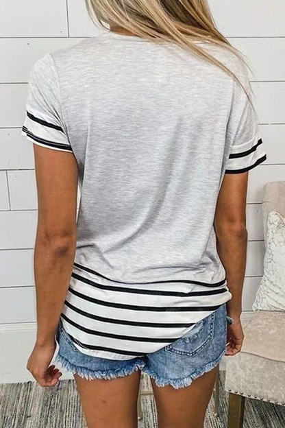 Striped Leopard Split Joint Pocket O Neck T-shirts(10 Colors)
