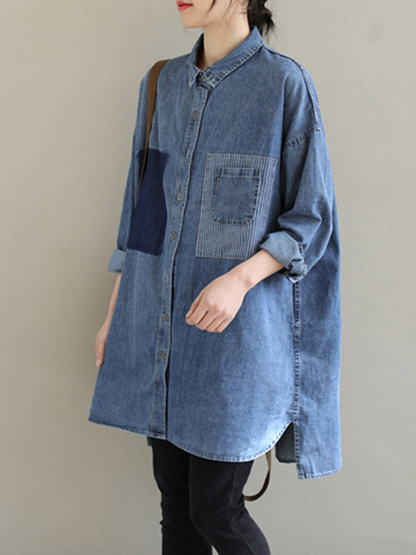 High-low Long Sleeves Asymmetric Buttoned Pockets Split-joint Lapel Blouses&shirts Tops