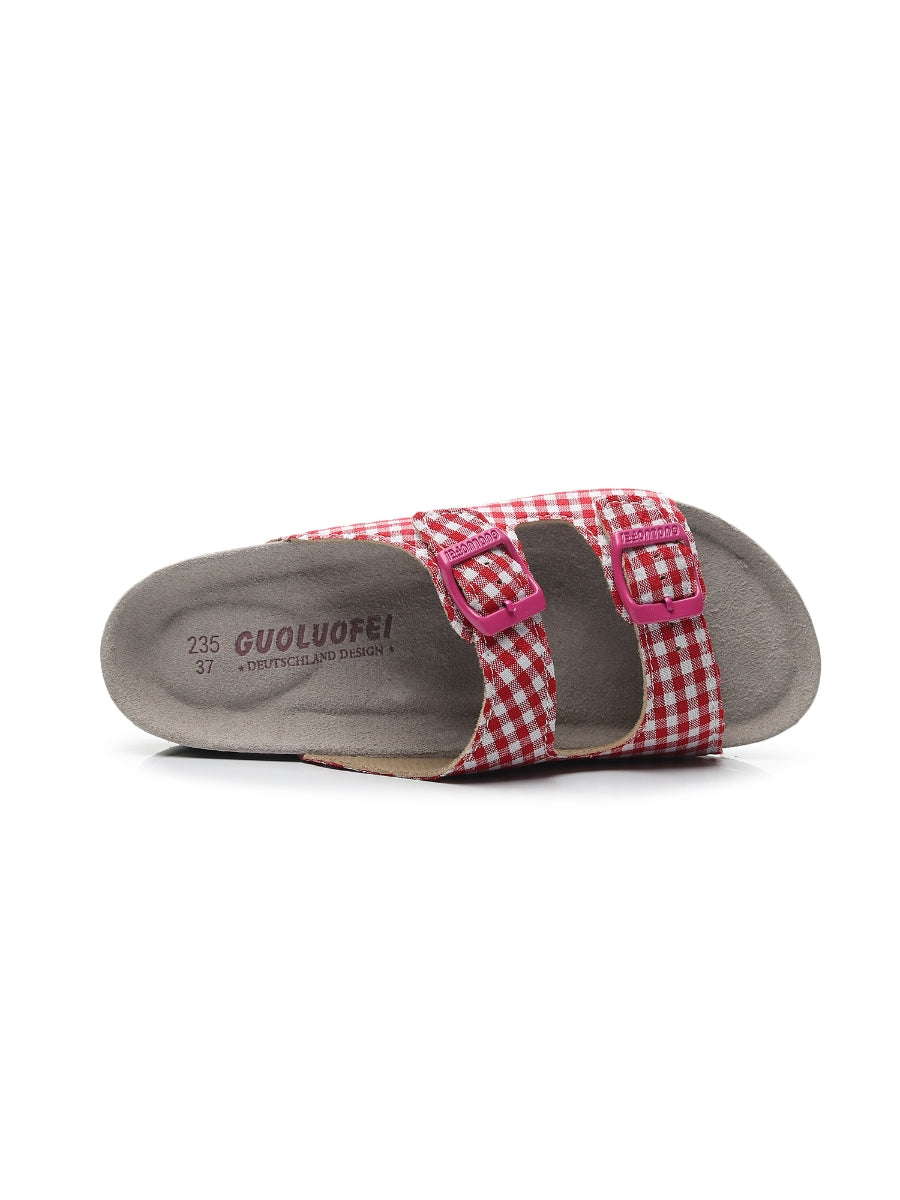 Maibulun | Tartan Gingham Double-buckle Sandals Slides - Red