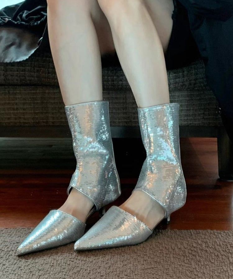 Stylish Silver Sequins Hollow Out Pointed Toe Sandals Boots Oi045