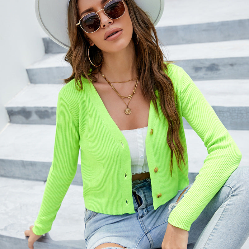 ’s Color Long Sleeved Knitted Cardigan – V Neck, Single Breasted, Small High Waist, Outer Wear