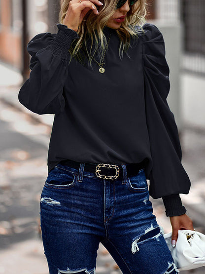 Long Sleeves Puff Sleeves Pleated Color Half Turtleneck Blouses&shirts Tops