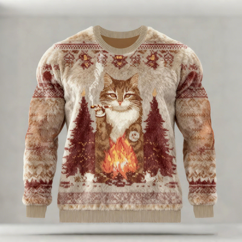 Comstylish Men's Fun Christmas Cat And Christmas Tree Comfortable Crew Neck Plush Sweatshirt