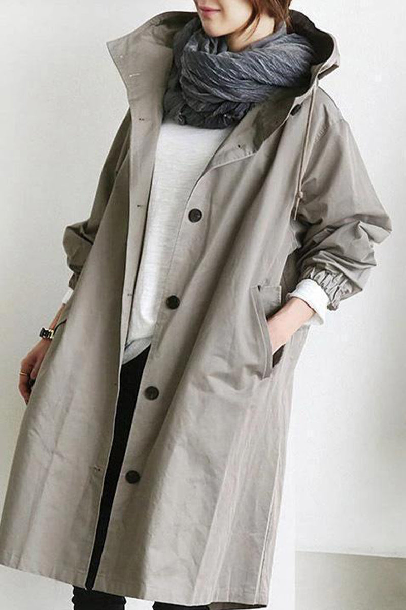 British Style Pocket Buttons Hooded Collar Outerwear