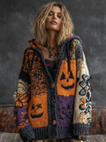 Halloween Dark Gothic Style Pumpkin Face Pattern Hooded Knit Sweater Cardigan Jacket elevenforest