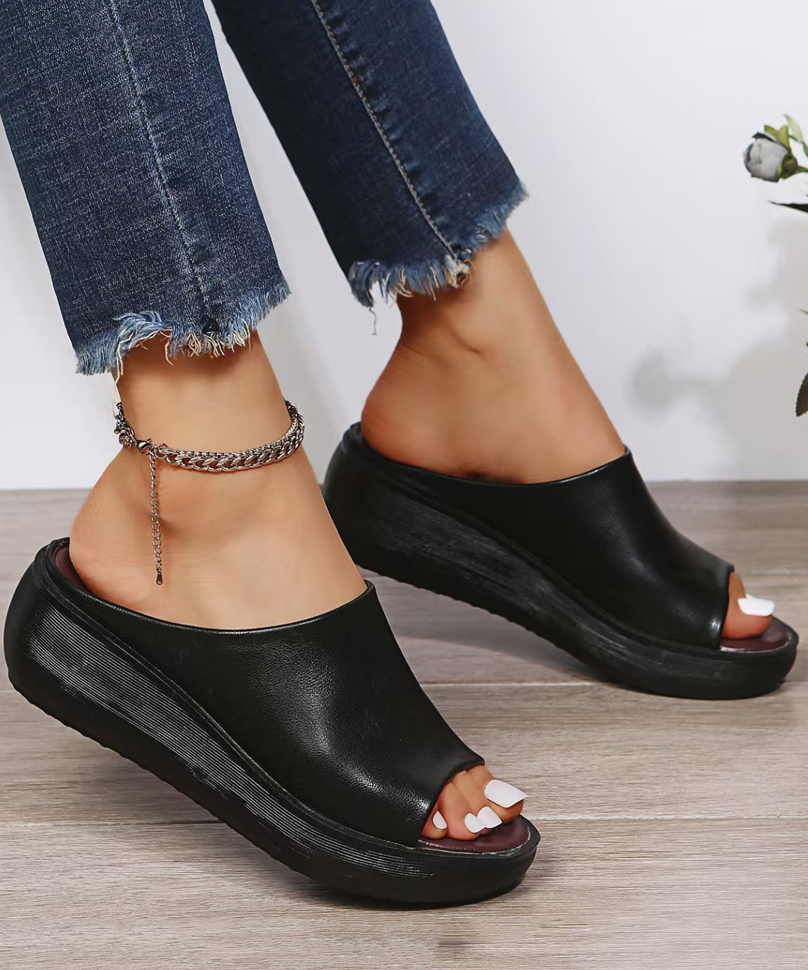 White Simple Style Wedge Slide Sandals Peep Toe Ap1030
