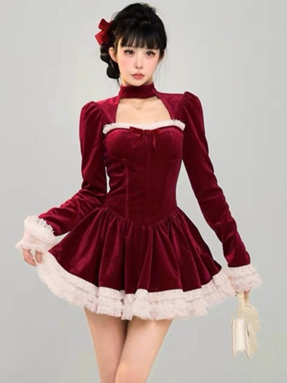 Y2k Velvet Mini Dress Lace Ruffles Patchwork Square Collar Autumn Spring Christmas Party A-line Princess Vestidos Mujer