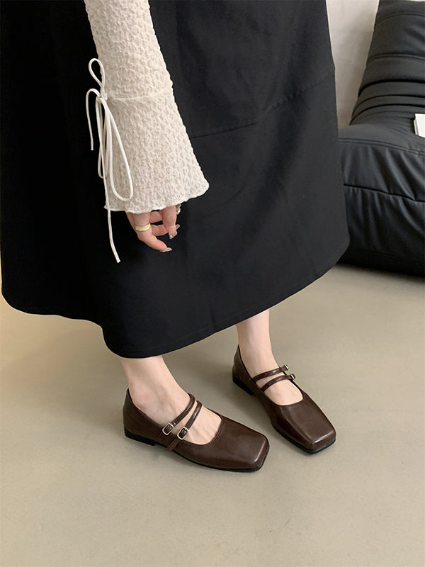 Belt Buckle Shallow Cut Split-joint Square-toe Flats Mary Janes