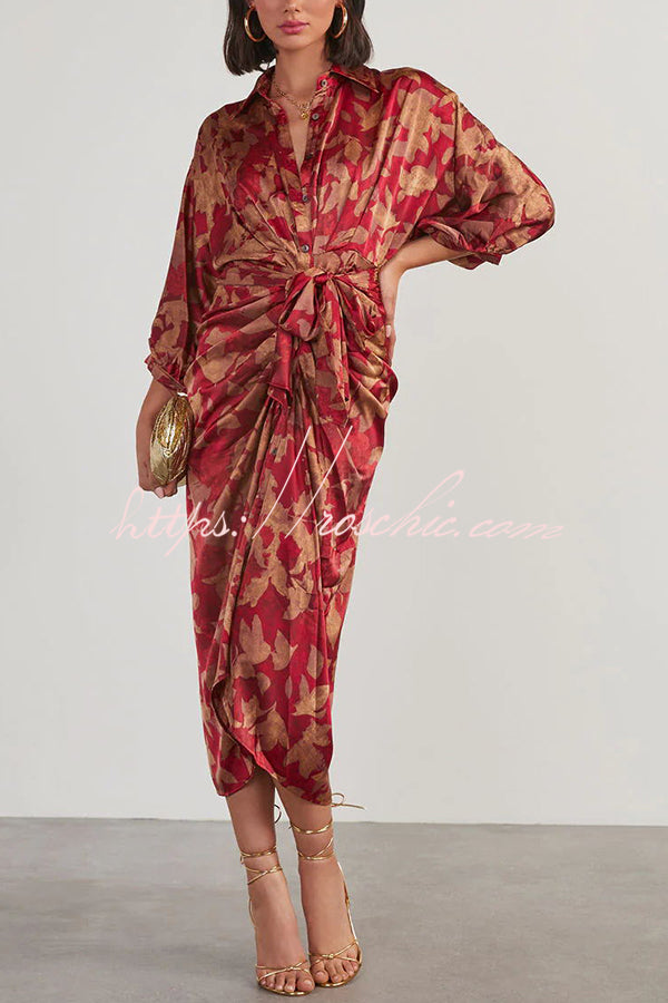 And Charming Satin Adjustable Waist Tie Button Draped Shirt Midi Dress