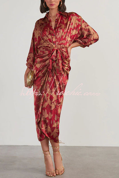 And Charming Satin Adjustable Waist Tie Button Draped Shirt Midi Dress