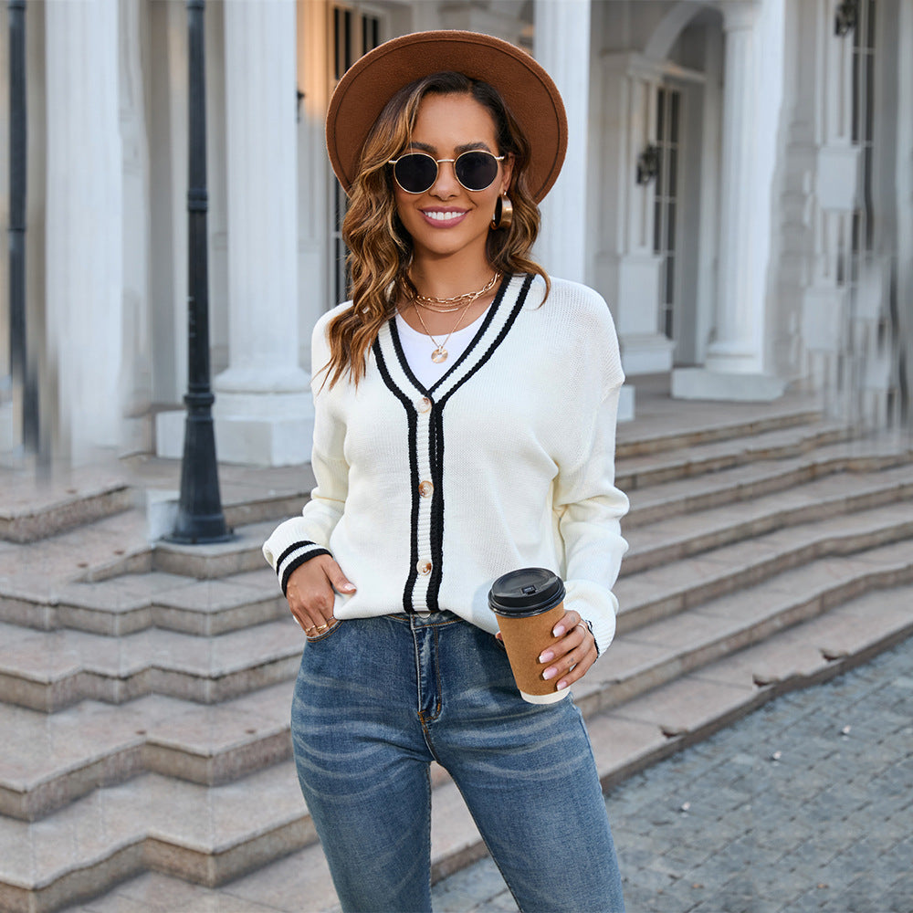 Autumn Winter Clothing Button Contrast Color Knitted Cardigan Coat V Neck Sweater