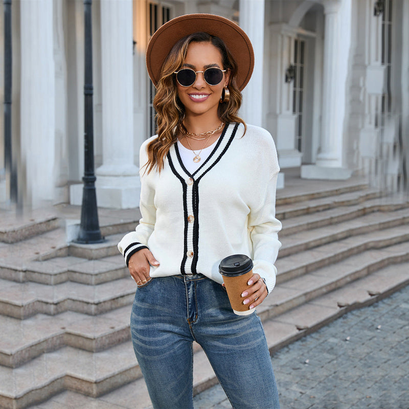 Autumn Winter Clothing Button Contrast Color Knitted Cardigan Coat V Neck Sweater