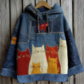 Vintage Patchwork Lovely Cute Colorful Cat Inspired Washed Hoodie elevenforest
