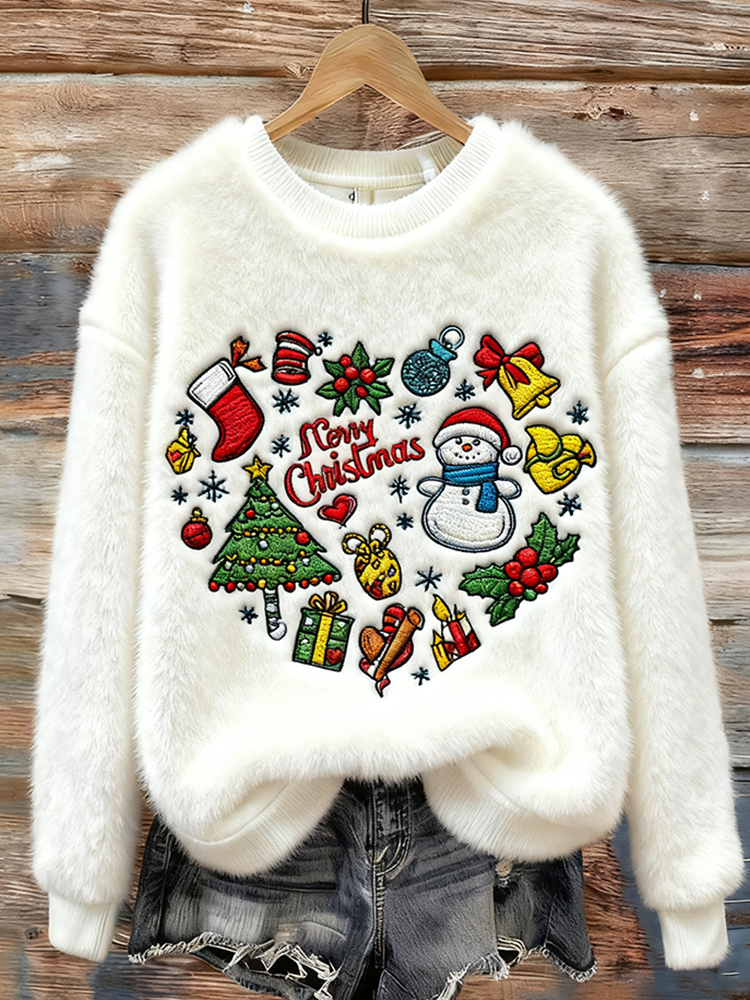 Lady Christmas Winter Warmth Round Neck Flannel Sweatshirt