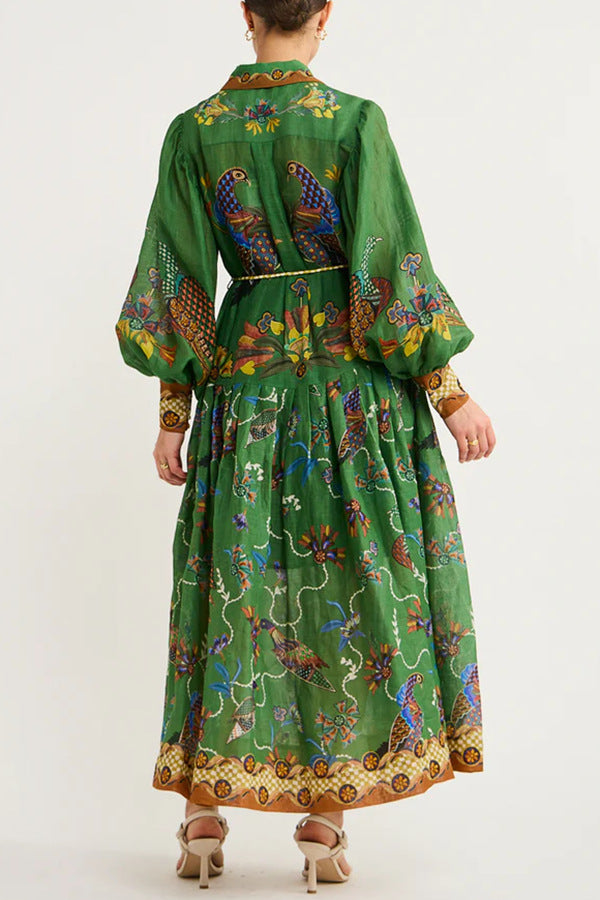 Autumn Printed Cardigan Dress With Wide Hem and Long Sleeves for