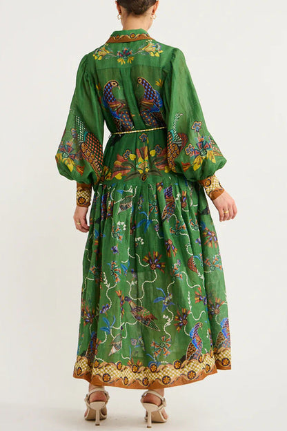 Autumn Printed Cardigan Dress With Wide Hem and Long Sleeves for