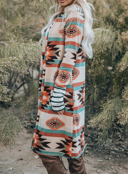 Cardigan Coat Autumn Winter Western Striped Mid Length Contrast Color Knitted Coat