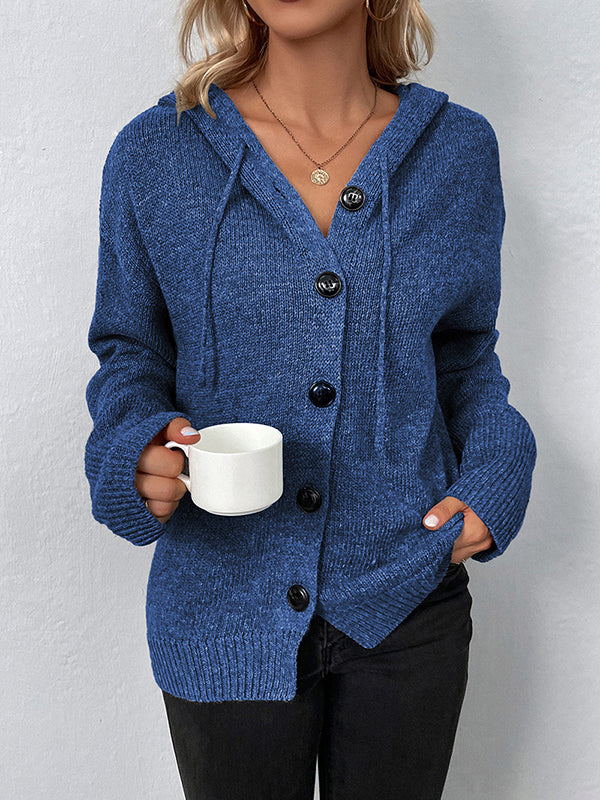 Wrap Buttoned Hooded Color Cardigan