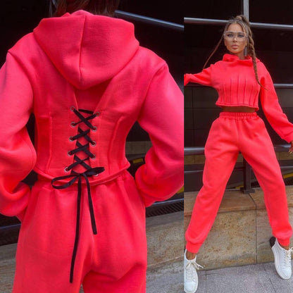 Hoodie Set Fall Winter Cinched Hoodie Sweater Jogger Pants Two Piece Set