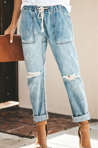 Street Color Ripped Draw String Pocket Denim Jeans(4 Colors)