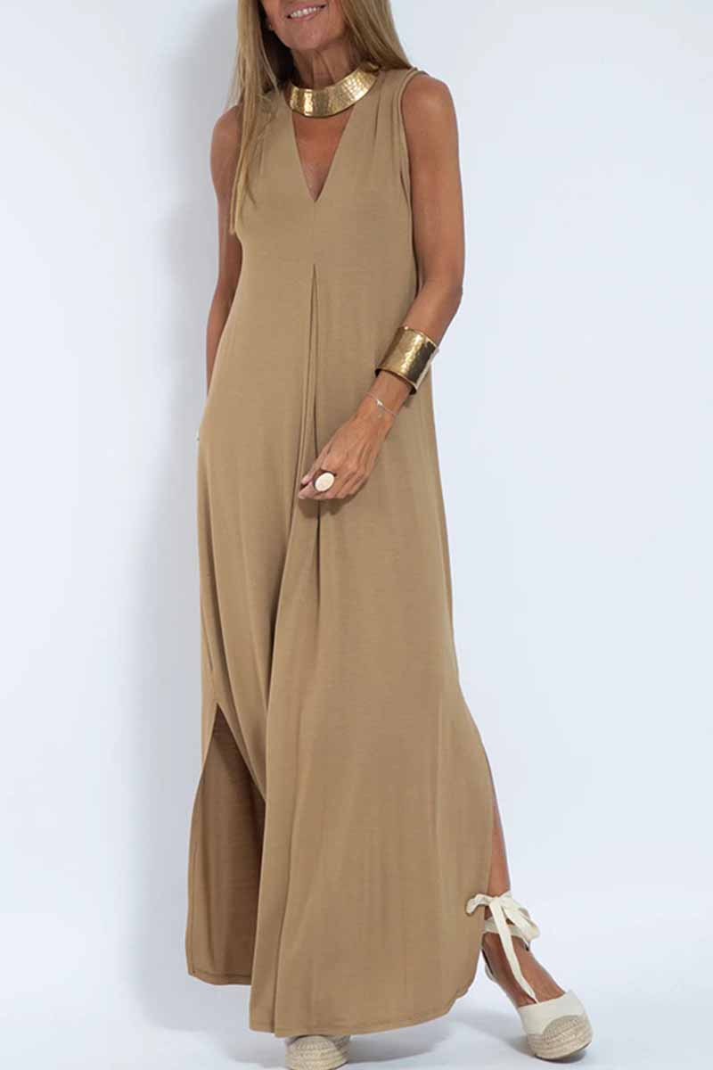 Street Patchwork V Neck Vest Dress Dresses(4 Colors)