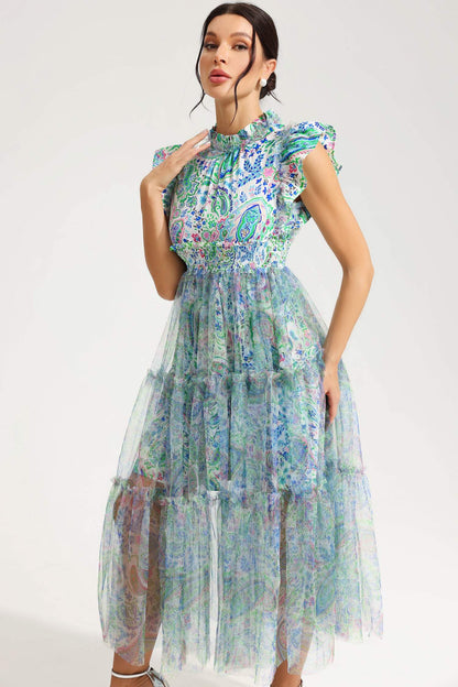 Flutter Sleeve Crew Collar Tapered Waist Midi Dress Green