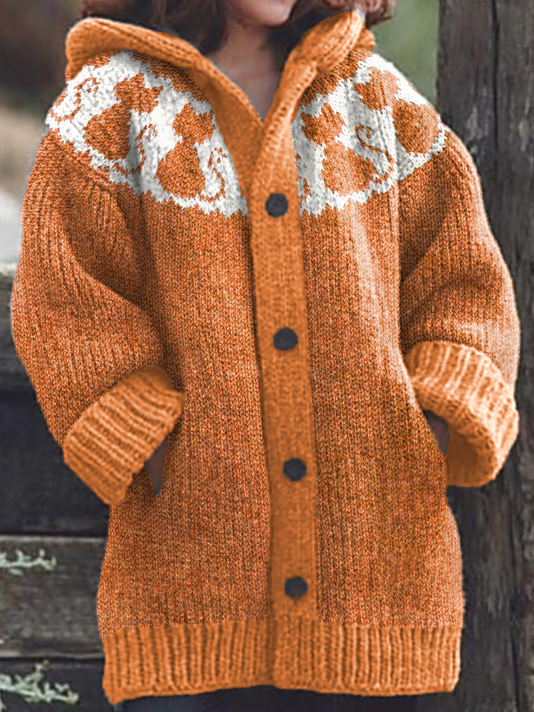 Comstylish Cute Cats Pattern Cozy Knit Hooded Cardigan