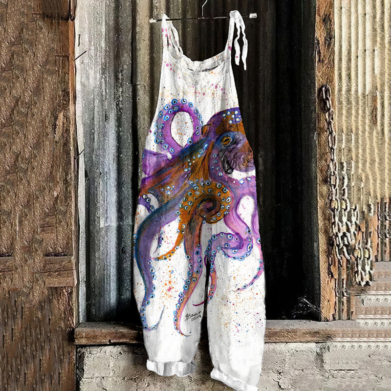 Comstylish Vintage  Colorful Octopus Linen Blend Loose Casual Jumpsuit