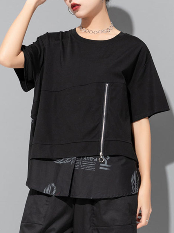 False Two Loose Printing Split-joint Round-neck T-shirts Tops