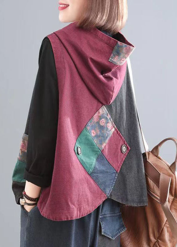 Blue Print Pockets Patchwork Denim Hoodies Vest Fall