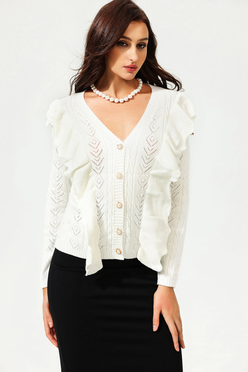 Long Sleeve V-neck Ruffled Button Cardigan White
