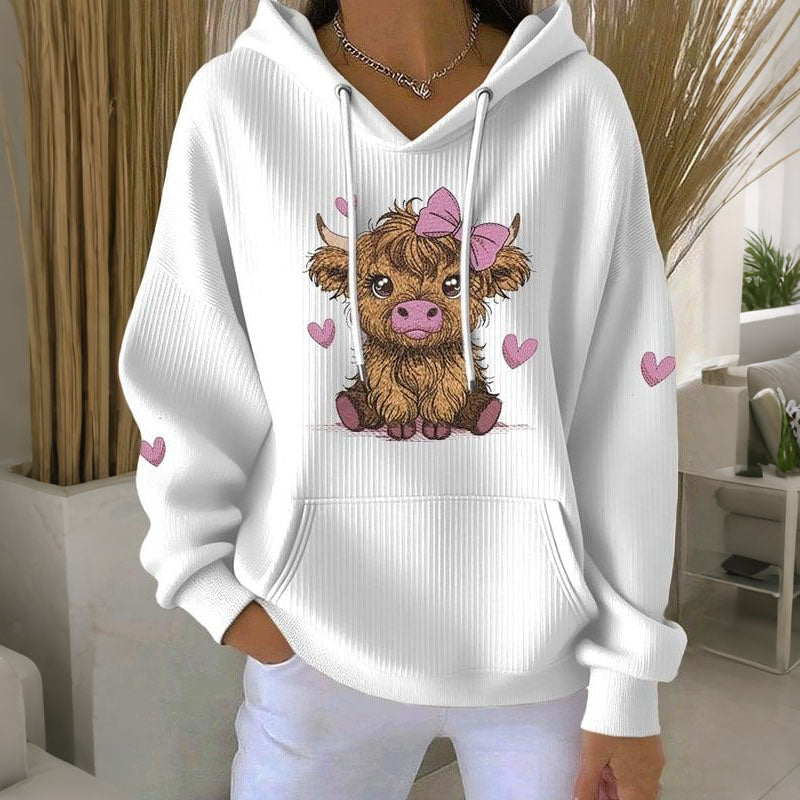 Women's Cute Heart Highland Cow Print Long Sleeve Casual Hoodie artswardrobe