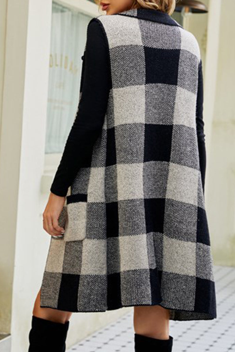 Plaid Patchwork Pocket Turn-back Collar Tops
