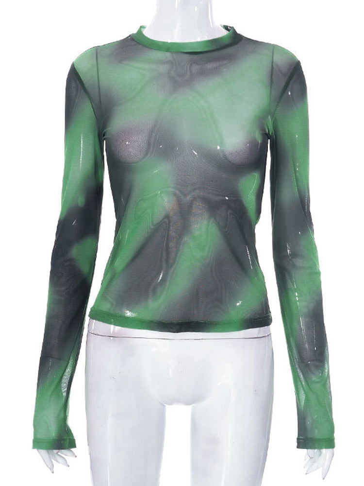 New Sweet Cool Tie Dyed Mesh Woman Clothing Round Neck Slim Fit Long Sleeve Top for High Street T Shirt