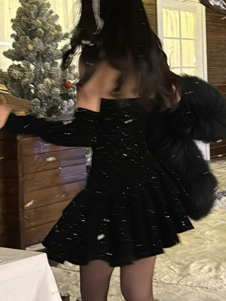 Y2k Velvet Mini Dress Strapless With Choker Bodycon Layered Ruffles A-line Birthday Evening Party Prom Robe Vestidos