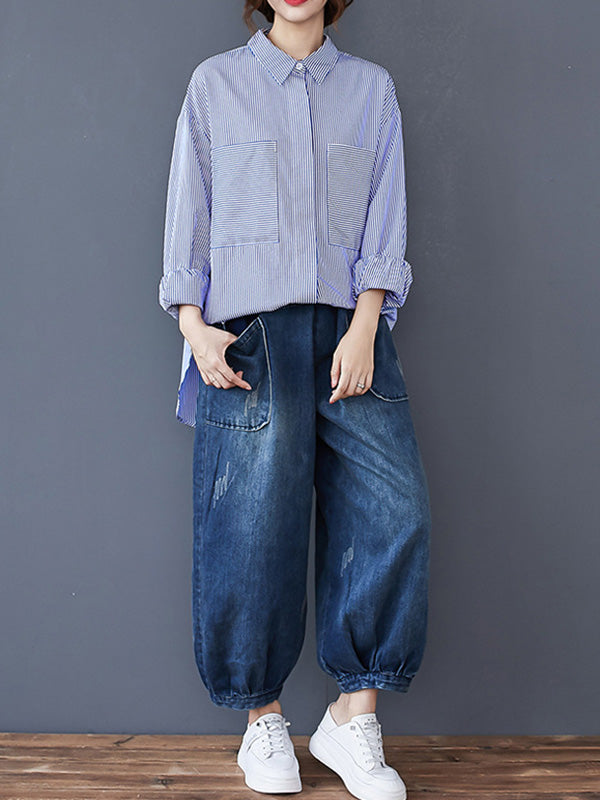 Loose Striped Split-joint With Pocket Lapel Collar Long Sleeves Blouse