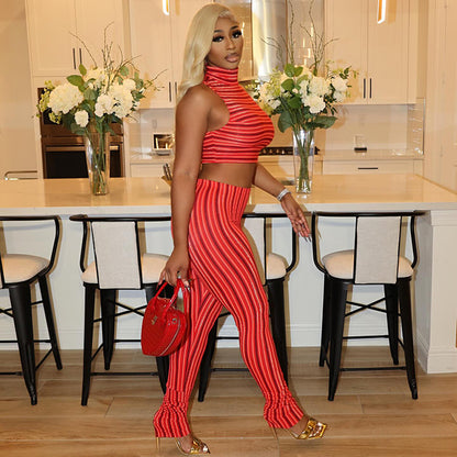 Striped Printed Red Two Piece Set Crop Tank Tops and Pencil Pants Matching Summer Fitness Tracksuits