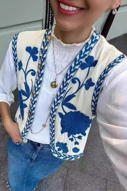 Print Embroidered Cardigan Collar Waistcoats