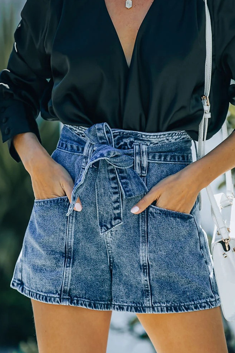 Pocket With Belt High Waist Denim Shorts