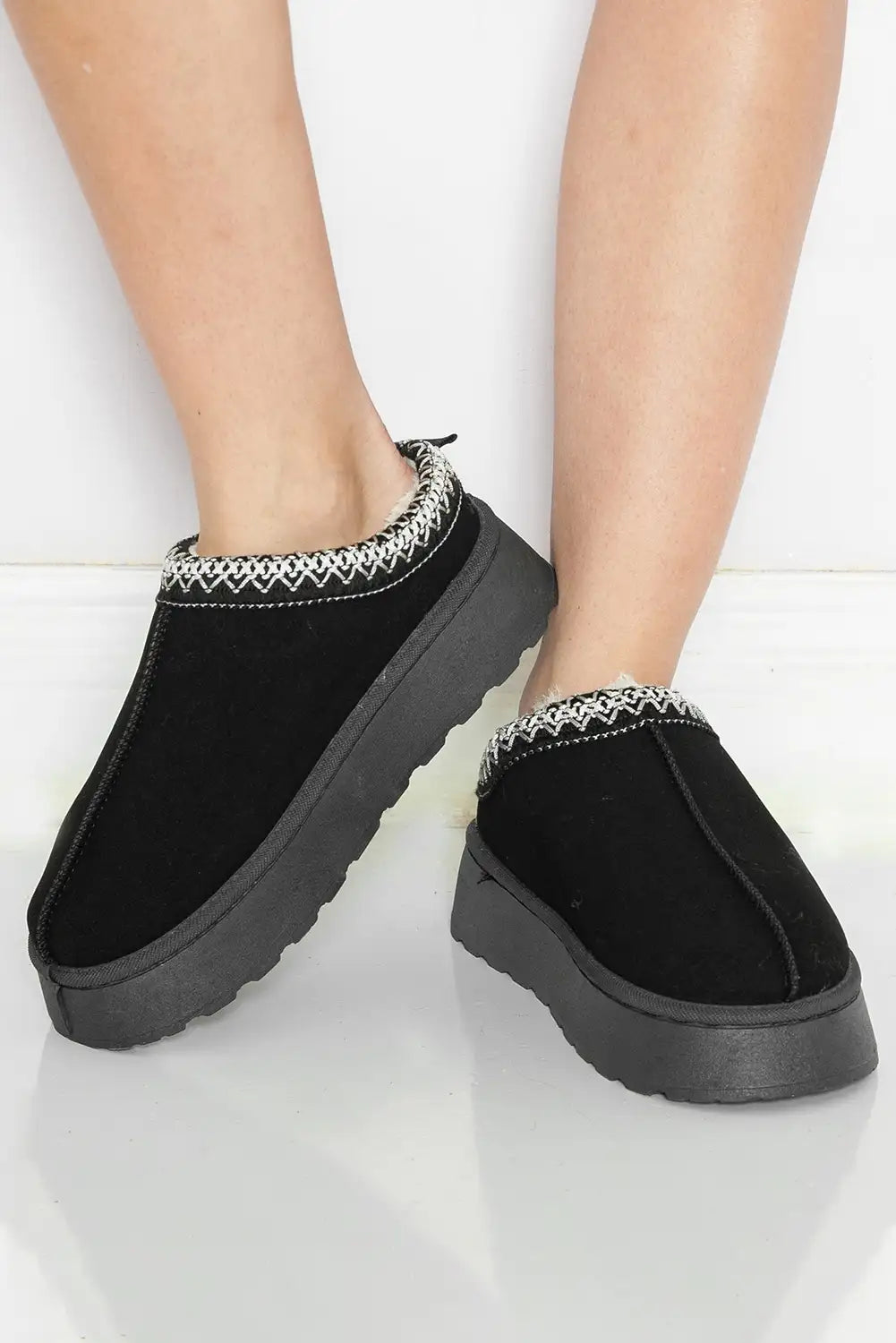Cozy Black Suede Contrast Print Snow Boots