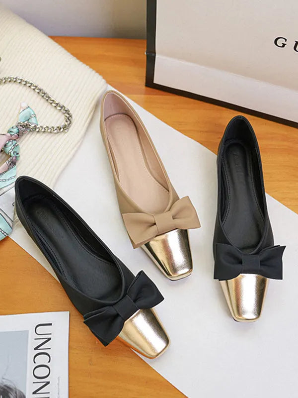 Bowknot Contrast Color Shallow Cut Split-joint Square-toe Flats