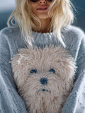 Lovely Fuzzy Dog Embroidered Soft Cozy Sweater artswardrobe