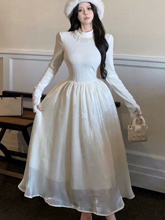French Midi Dress Patchwork O-neck Long Sleeve Autumn Spring A-line Evening Party Prom Robe Wedding Vestidos Mujer