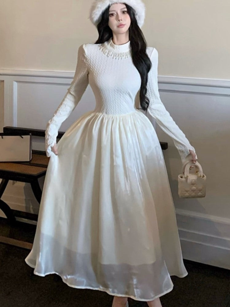 French Midi Dress Patchwork O-neck Long Sleeve Autumn Spring A-line Evening Party Prom Robe Wedding Vestidos Mujer