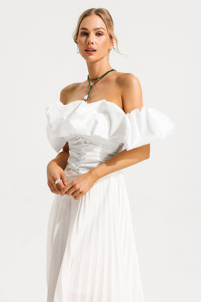 Off-shoulder Puff Sleeve Pleated Midi Dress White