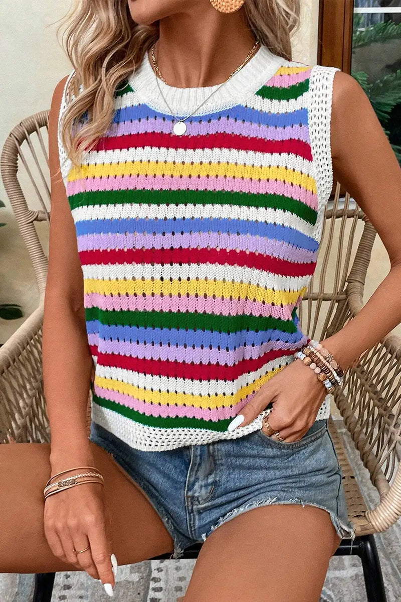 Striped Knitted Eyelet Sweater Vest