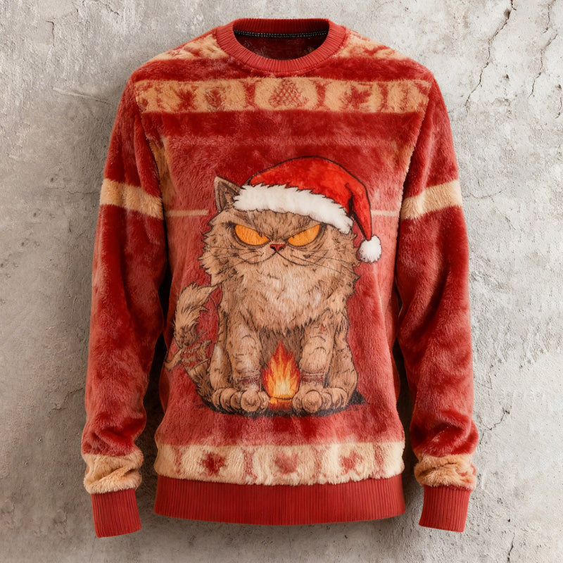 Comstylish Men's Christmas Fun Angry Cat Crew Neck Plush Sweatshirt