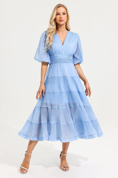 V- Neck Puff Sleeve Pleated Midi Dress